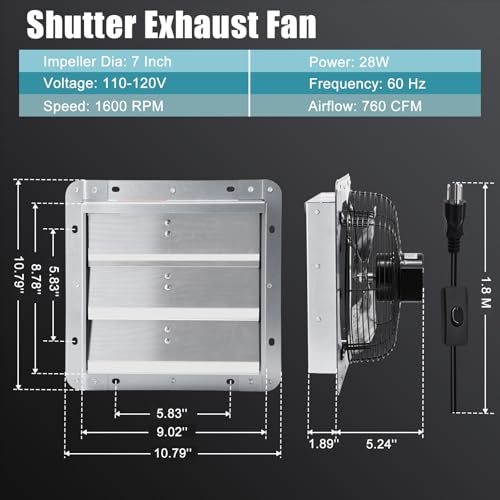 Criditpid 7 Inch Shutter Exhaust Fan, 760 CFM High Speed Wall Mounted Fan, Attic Vent Fan with Speed Controller and Thermostat for Greenhouse, Garage, Warehouse, Basement, Chicken Coop Ventilation - size: 7 Inch Shutter Exhaust Fan