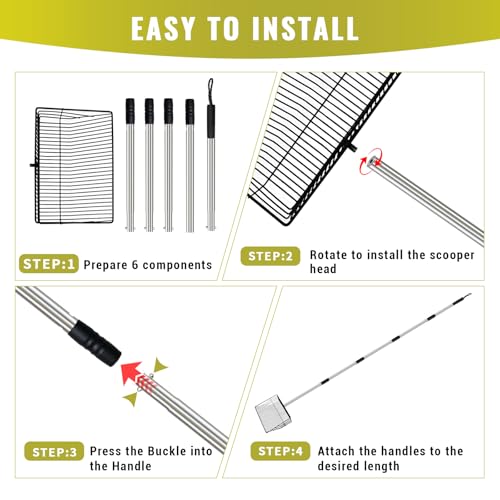 Metal Chicken Poop Scooper, 5-in-1 Detachable Chicken Coop Scoop Rake, Long Stainless Steel Handle, Chicken Litter Scoop Sifting Shovel Chicken Coop Scooper for Sand (10inch Large) - size: 10inch Large