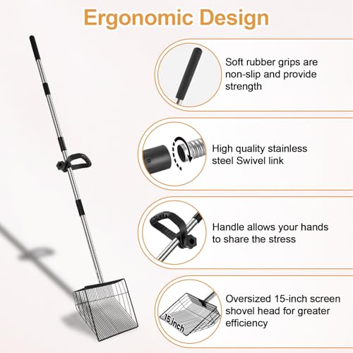 15" Chicken Poop Scooper & Rake, Metal Chicken Coop Scoop for Poop with 24 to 68" Adjustable Stainless Steel Handle, Litter Scooper Sifting Shovel Chicken Coop Accessories