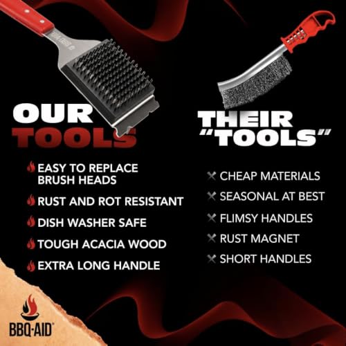 BBQ Grill Brush for Outdoor Grill Cleaner and Scraper, Replaceable Head | Barbecue grill cleaning brush with no-scratch stainless steel bristles and extended red handle, safe for any grill grate - color: Red