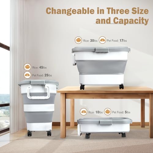 Komzon Rice Storage Container, Collapsible Airtight Food Storage Containers 20-30 Lbs, Rice Dispenser Bin with Cup and Scoop for Flour Cereal Pasta Grain, Cat Bird Pet Dog Food Storage Container - size: 20-30 Lbs