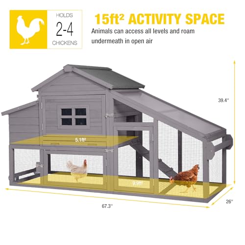 Aivituvin Chicken Coop for 2-4 Chickens with Wheels Outdoor Chicken House Mobile Large Poultry Cage Pull Out Tray No Leakage - color: Grey