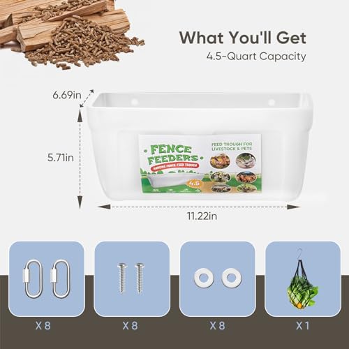 4 Pack Goat Feeders Hanging, 4.5 Quart Chicken Feeder, Rabbit Feeders, with Clips Hanging Fence Feeders, Feed Buckets for Horses, Duck Feeder, Chicken Water Feeder, Poultry Feeding Trough - color: white