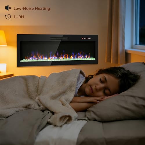 50" Electric Fireplace, Wall Mounted Recessed Fireplace Insert, 16 Adjustable Flame Colors, Fit 2x6 Stud w/Timer, Remote Control, Ultra-Thin Fireplace Heater, 1400W, Black - size: 50 Inch Standard