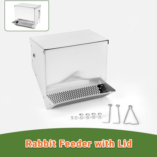 Rabbit Feeders Automatic for Cages,3.5 Pound Metal Trough Feeder with Water Bottle Galvanized Steel Outdoor Bunny Food Dispenser for Rabbits Chicken Guinea Pig Pet and Other Small Animals