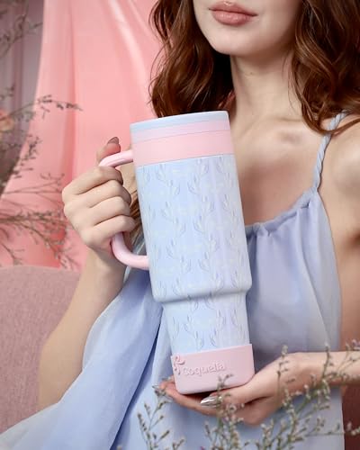 40 oz Insulated Tumbler with Handle and Push-Button Straw Lid, Stainless Steel Travel Cup for Gym Office, Leakproof, BPA-Free, Cup Holder Friendly, Bow Silicone Boot, Blue (Tulip Blue) - color: Tulip Blue