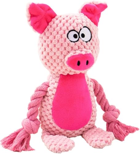 Cotton Rope Squeaky Dog Toy with Crinkle Paper – Interactive Plush Chew Toy for Small & Medium Puppies, Pig Design - color: Pink