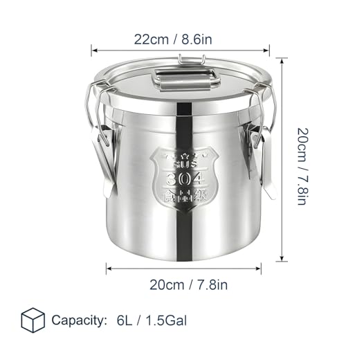 304 Stainless Steel Airtight Storage Bucket with Lid, Food Grade Sealed Canister for Kitchen, Rice, Flour, Grain, Pet Food, Waterproof Camping Storage Container(6L/1.5Gal) - size: 6L/1.5Gal