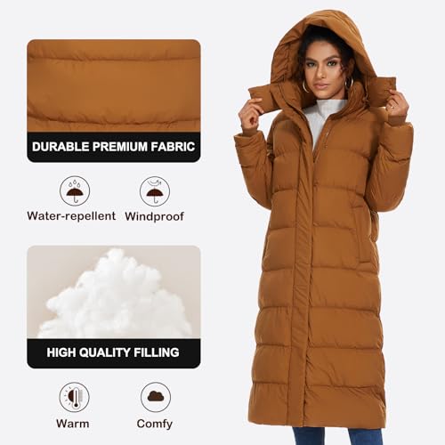ROYAL MATRIX Women's Long Quilted Puffer Coat, Winter Warm Maxi Puffer Jacket with Detachable Hood - color: Brown, size: X-Large