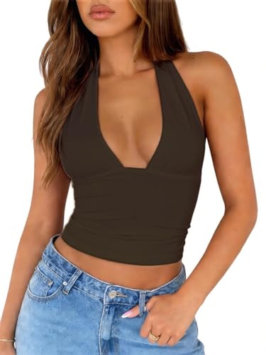 ForeFair Women Sexy Halter Neck Backless Going Out Crop Tank Top Deep V Neck Open Back Sleeveless Slim Fit Y2k Summer Tops - color: Dark Brown, size: Medium
