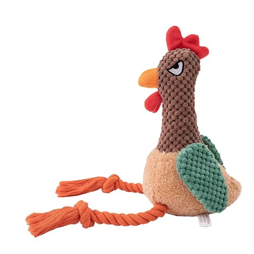 Plush Chicken Dog Toy with Squeaker, Interactive Rope Legs for Small and Medium Dogs, Multicolor Tug and Fetch Chew Rooster Toy - color: Brown Rooster