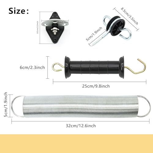 Electric Fence Spring Gate Handles Kit with Anchor Insulators and 3-Way Gate Anchor, Expands to 16 Feet Stainless Steel Tension Spring for Farms, Yards, Lawns, Gardens, Black (4)