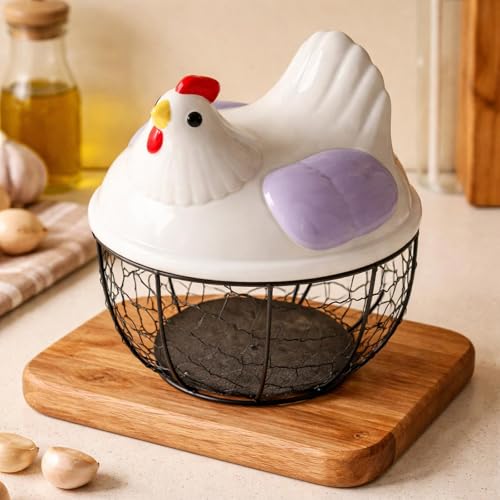 Chicken Egg Basket Metal Iron Wire Egg Collection Basket Vegetable Fruit Basket Farmhouse Decorative Storage with Ergonomic Handles Suitable for, Purple Lid