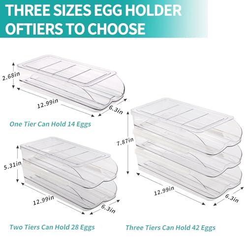 RoskDeewat Egg Holder for Fridge, Automatic Rolling Egg Container for Refrigerator, Stackable Fridge Organizers and Storage with Lid, Clear Plastic Egg Dispenser,Bin & Tray (1 Tier) - size: 1 Tier Holder 14 Eggs