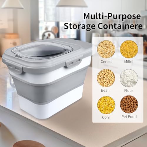 Komzon Rice Storage Container, Collapsible Airtight Food Storage Containers 6-20 Lbs, Rice Dispenser with Measuring Cup and Small Bin for Flour Cereal Pasta Grain, Cat Pet Dog Bird Food Container - color: Gray
