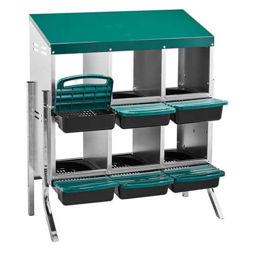 Chicken Nesting Box with 6 Compartments, Automatic Roll-Away Egg Collection, Wall Mount Hen Laying Box with Perch Removable Trays for Easy Cleaning Durable Galvanized Steel Nest Box for Backyard Green