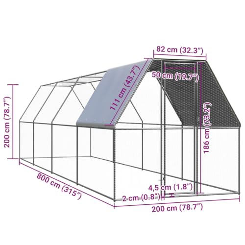 Outdoor Chicken Coop 6.6x26.2x6.6ft Galvanized Steel Aviary with Lockable Door Water-Resistant Roof for Hens Ducks Rabbits Small Animals - size: 6.6' x 26.2' x 6.6' (W x D x H)