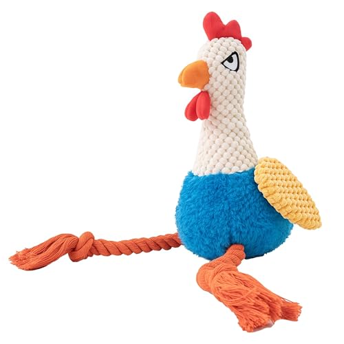 Plush Chicken Dog Toy with Squeaker, Interactive Rope Legs, Colorful Textured Rooster Chew Toy for Small, Medium Dogs, Tug-of-War, Fetch - color: Blue Rooster