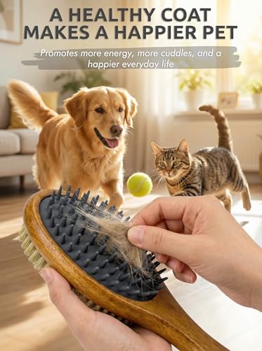 TAKAVU Short Hair Dog & Cat Deshedding Brush - Double Sided Grooming Tool with Silicone Massage & Bristle Sides - Removes Loose Fur & Dirt - Wood Handle - color: White Boar Bristle & Silicone Brush
