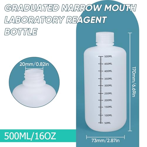 16oz/500ml Narrow Mouth Plastic Bottles with Caps, HDPE Laboratory Grade Graduated Liquid Containers for Reagent Sample Medicine Water Storage (Translucent, 4 Pcs) - size: 16 Ounces