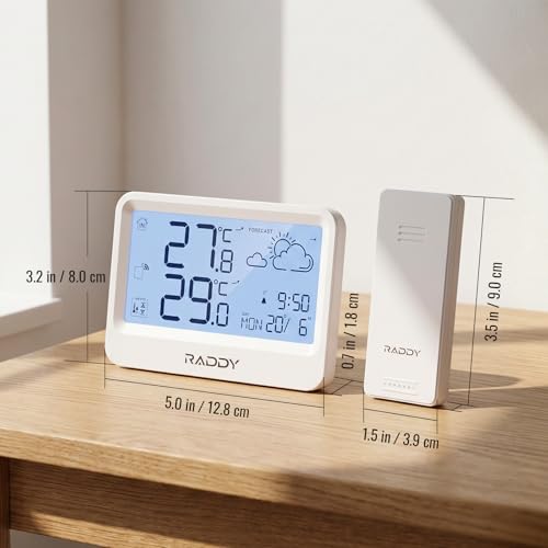 Raddy WF-60 Digital Home Weather Station, Indoor Outdoor Thermometer with Weather Forecast, Professional Temp Monitor with Frost Alarm, Alarm Clock, Battery Operated, for Home Garden