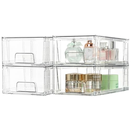 Vtopmart 2 Pack Stackable Storage Drawers,Clear Acrylic Drawer Organizers with Handles, Easily Assemble Containers for Fridge, Bathroom,Kitchen Undersink,Cabinet,Pantry Organization and Storage - size: 2Pack 4.4"H-with Dividers