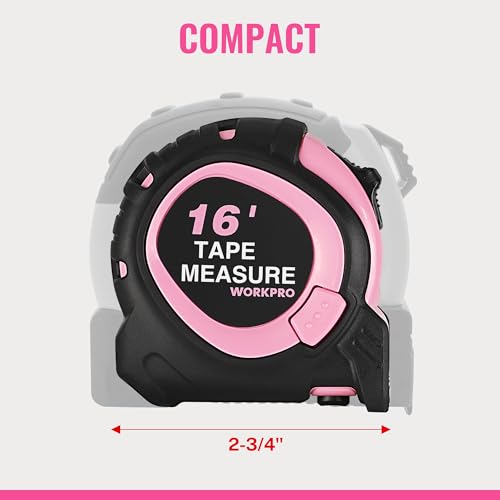 WORKPRO 16-FT Tape Measure with Fractions, 3 Brakes Retractable Measuring Tape, Compact Measurement Tape with Magnetic Hook, Nylon Coating Blade Accuracy 1/32”, Pink - style: 16-FT
