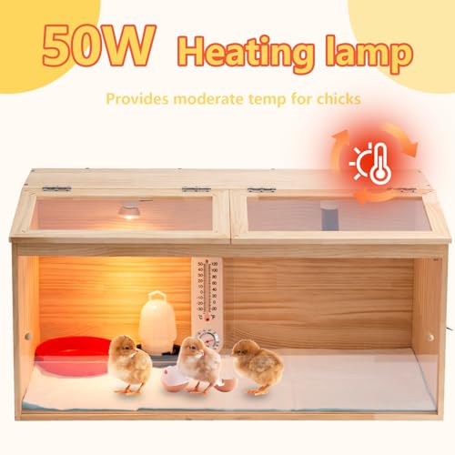 Large Wooden Chicken Brooder Box with Bulb Set and Thermometer - Brooder Box for Chicks Indoor Accommodates Up to 12 Chicks - Ideal for Chickens, Ducks, Quails, Hamsters, and Lizards(32x16x16 Inches)