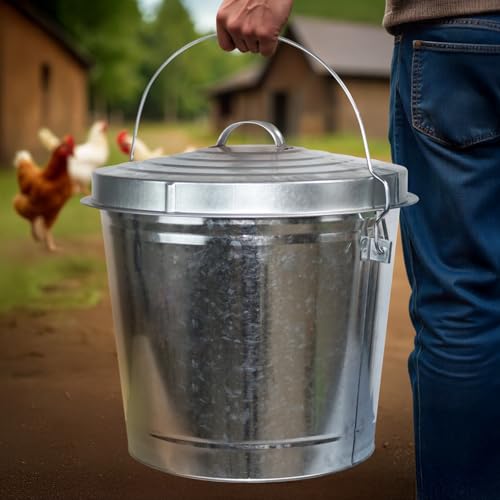 PLASTIC PRINCE 10 Gallon Small Metal Trash Can with Lid Outdoor Galvanized Bucket with Locking Lid for Bird Seed Storage Ash