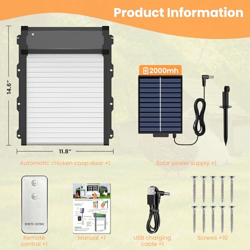 Automatic Chicken Coop Door with Timer & Light Sensor, Chicken coop Door Solar Powered Door with Remote Control & Anti-Pinch,External Power Supply Connection, Outdoor Electric Chicken coop Door