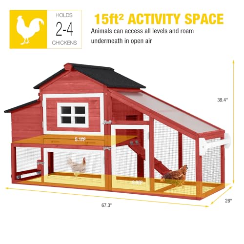 Aivituvin Chicken Coop for 2-4 Chickens with Wheels Outdoor Chicken House Mobile Large Poultry Cage Pull Out Tray No Leakage - color: Red