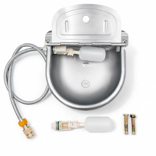 Automatic Animal Drinking Water Bowl with Float Valve, 304 Stainless Steel Auto-Filling Waterer Kit with Bowl, Pipe, 2 Valves, Quick Connect Adapter, Mounting Bolts for Livestock, Farm, Pet Use
