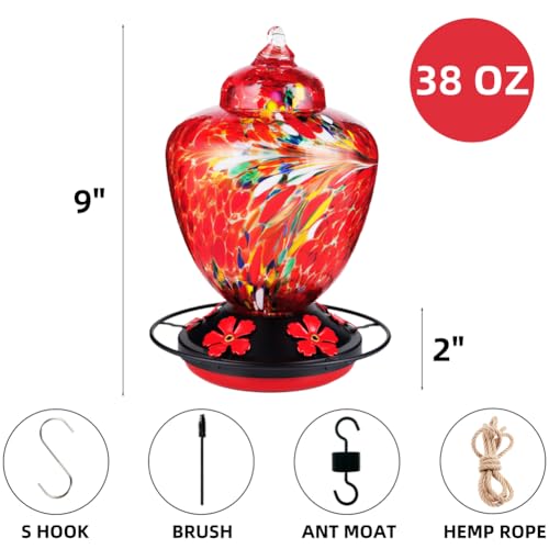 REZIPO Hummingbird Feeder with Perch - Hand Blown Glass - 38 Fluid Ounces Hummingbird Nectar Capacity Include Hanging Wires and Moat Hook (Red-fire) - color: Red-fire