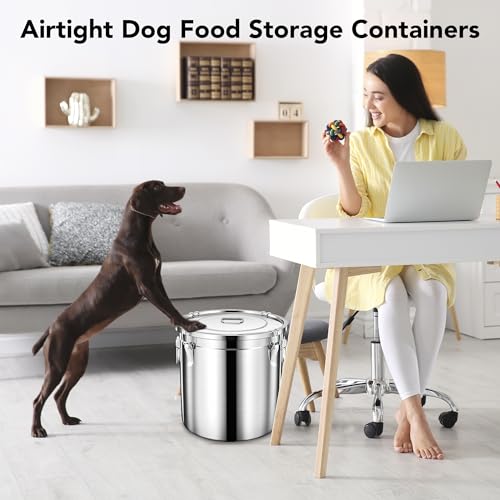 Newget Dog Food Storage Containers, Large Stainless Steel Pet Food Storage Containers 20 lb / 9 kg to Keep Fresh, Metal Airtight Cat Food Containers With Scoop and 2 Small Containers - size: 20 lb