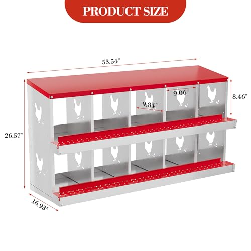 Chicken Nesting Box,10 Compartments Galvanized Steel Metal Chicken Laying Box with Roll Out Egg Collection,Wall Mount Chicken Nesting Boxes,Easy Egg Collection, Hen Roosting Boxes - color: Red, size: 10 Holes