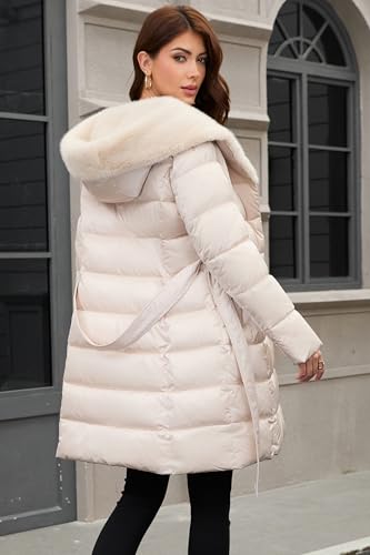PAPILLON D'OR WEAR YOUR WINGS Women's Long Puffer Coat with Belt, Hood & Furry Lining - Knee-Length Winter Jacket - color: Pink-beige, size: Medium