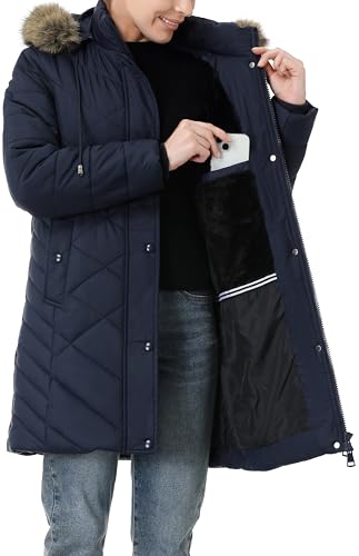 Women's Long Warm Winter Coat Windproof Thickened Fleece Lined Down Jacket Waterproof Puffer Outerwear with Removable Hood - color: Navy, size: Small
