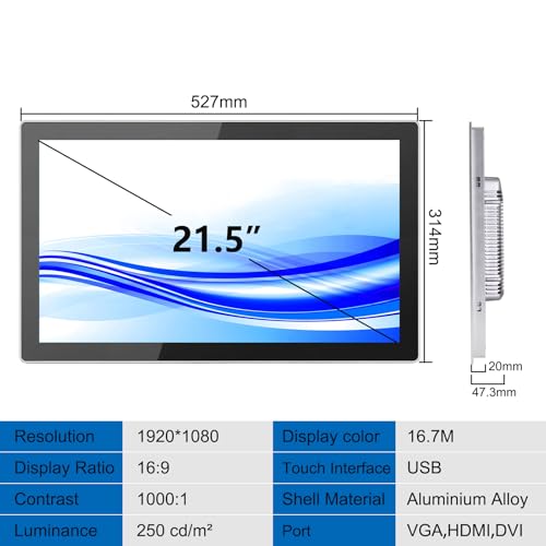 GrenTouch 21.5 Inch 10 Points Touch Screen LCD Monitor Aluminum Case - Embedded Touchscreen Monitor for Industrial, Medical, Retail - size: 21.5 IN