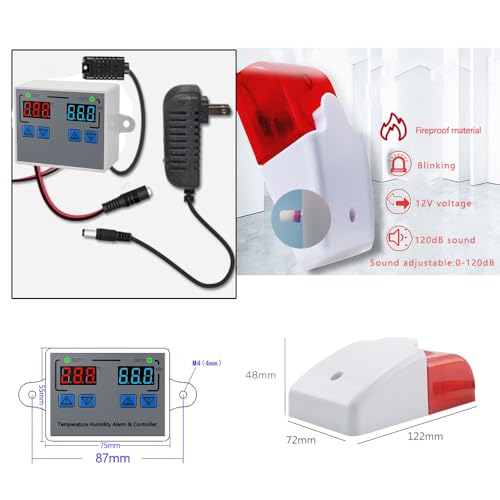 Hygrometer Thermometer Alarm, 12V High/Low Temperature and Humidity Monitor, 0~120dB Adjustable Audible/Visual Thermostat Controller with External Output Option for Room/Grow Tent/Farm/Cellar/Reptile