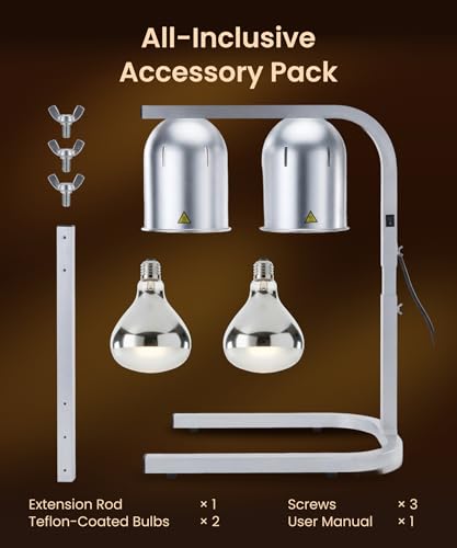 Heat Lamp for Food 500W Teflon-Coated Bulbs Food Heat Lamp for Fast and Even Heating Commercial Food Warmer with 5 Adjustable Height Lamp Stand for Home Restaurant Buffet Bakery Silver | Fast and Even Heating Commercial Food Warmer with 5 Adjustable Heigh