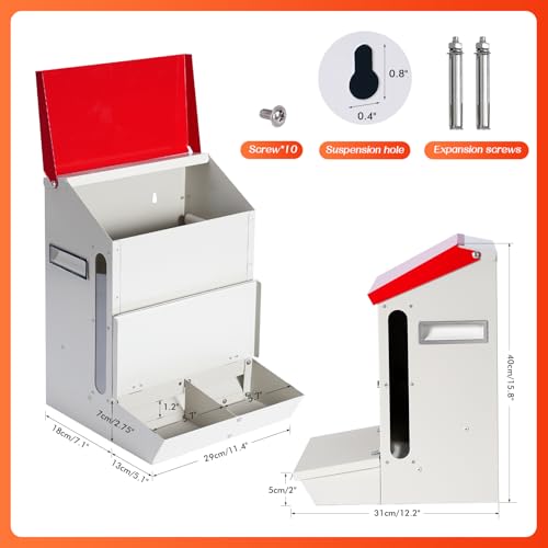 Automatic Chicken Feeder No Waste, Wall Mount| Weatherproof| Mess Free | Galvanized Hanging Poultry Feeder with Lid| Metal Chicken Feeder Trough Food Dispenser for Duck Geese|Hens| Turkeys Coop
