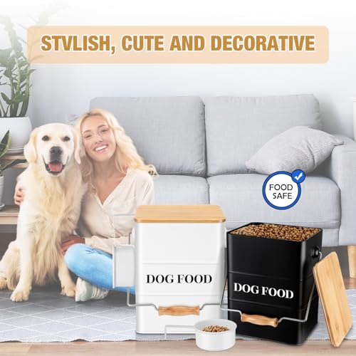 Tioncy 2 Pcs Metal Dog Food Storage Containers Total 10-14 Lbs (50 Cup) Capacity, Airtight Pet Food Canister with Bamboo Lids Scoop DIY Labels Dog Treat Storage Jars for Kitchen Counter(Black,white) - color: Black+White