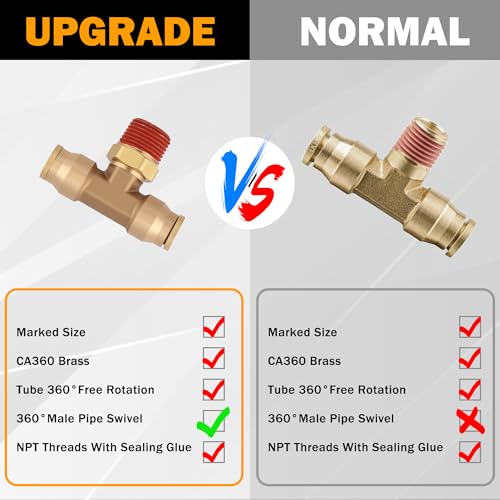 3PCS 3/8" OD Tube 3/8" Side NPT Brass Tee Union Air Fittings ,3/8 Inch Air Line Fittings Push-To-Connect Brake Connector Kit for Truck Trailers - size: 3/8" OD & 3/8" NPT, style: Side NPT Tee
