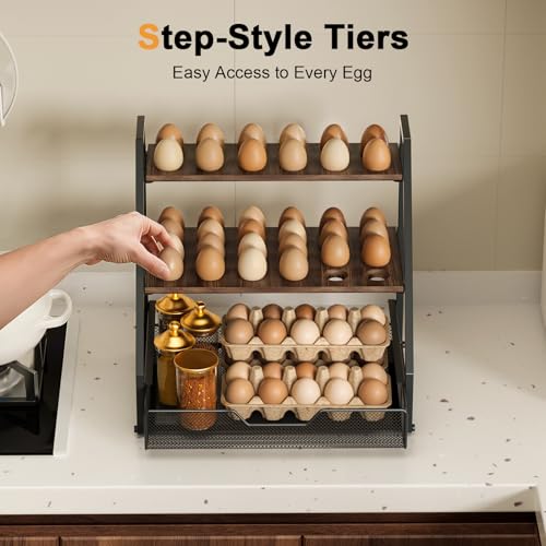 3-Tier Wooden Fresh Egg Holder Countertop With Basket for 36+90 Eggs, Storage for Countertop with Carry Handle for Gathering 150+ Fresh Eggs - size: 3 Tiers