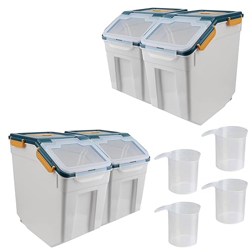 4 Pack Grain Food Storage Container, 20LB Airtight Rice Bin Storage Bucket with Spoon and Measuring Cup, Large Flour Dispenser Container Set 80LB Total Capacity - color: Blue