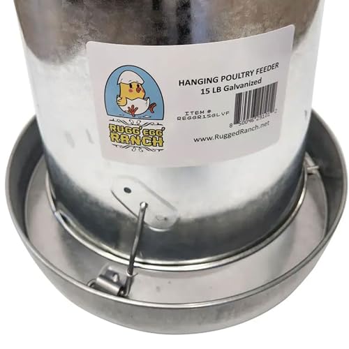Rugged Ranch Products RuggEgg Ranch 15 Pound Capacity Versatile and Space Saving Hanging Galvanized Poultry Feeder with 3 Position Height Adjustment