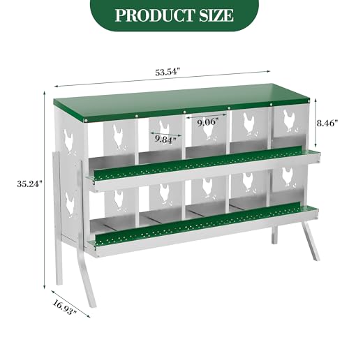 Garvee Galvanized Steel Chicken Nesting Box with Roll Out Egg Tray - 10 Hole, Rustproof & Ventilated Laying Boxes for Hens, Chickens, Ducks | Easy-Clean Poultry Coop Accessories, Green with Stand