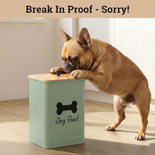 Dog Food Container Airtight Bamboo Lid 5-7 lb, 25 Cups, Sturdy Metal Handle | Pet Jar For Dogs up to 50lbs, Airtight Bamboo Lid, Sturdy Comfortable Metal Handle, Powder Coated Iron, Kibble Storage Bin - color: Sage Green