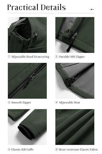Pursky Women's Softshell Jacket Lightweight Fleece Lined Rain Jacket Waterproof Warm Windbreaker Coat With Removable Hood - color: Army Green, size: Medium