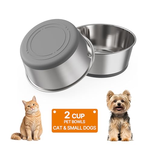 Food Grade 304 Stainless Steel Dog Bowls with Non-Slip Rubber Bottom,Food and Water Bowl for Feeding Dogs and Cats, Dishwasher Safe, Rust Resistant, BPA Free(Set of 2) (Gray, 2 Cup) - color: Gray, size: 2 Cup